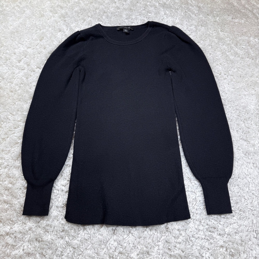 Ann Taylor Sweater Petite XXSP Black Ribbed Puff Shoulder Work Capsule Classy